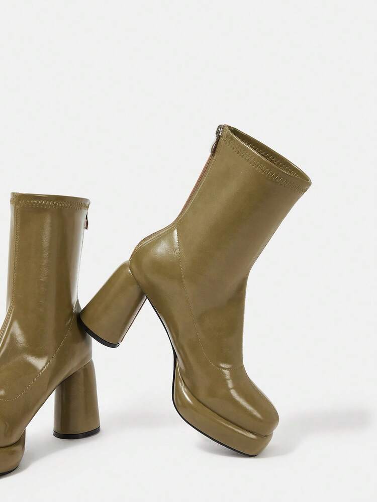 SheIn SXY נשים עיצוב פשוט עבה עקב מגפיים אופנתיות עם חלק אחורי רוכסן ו צבע אחיד - ירוק - ראה 5