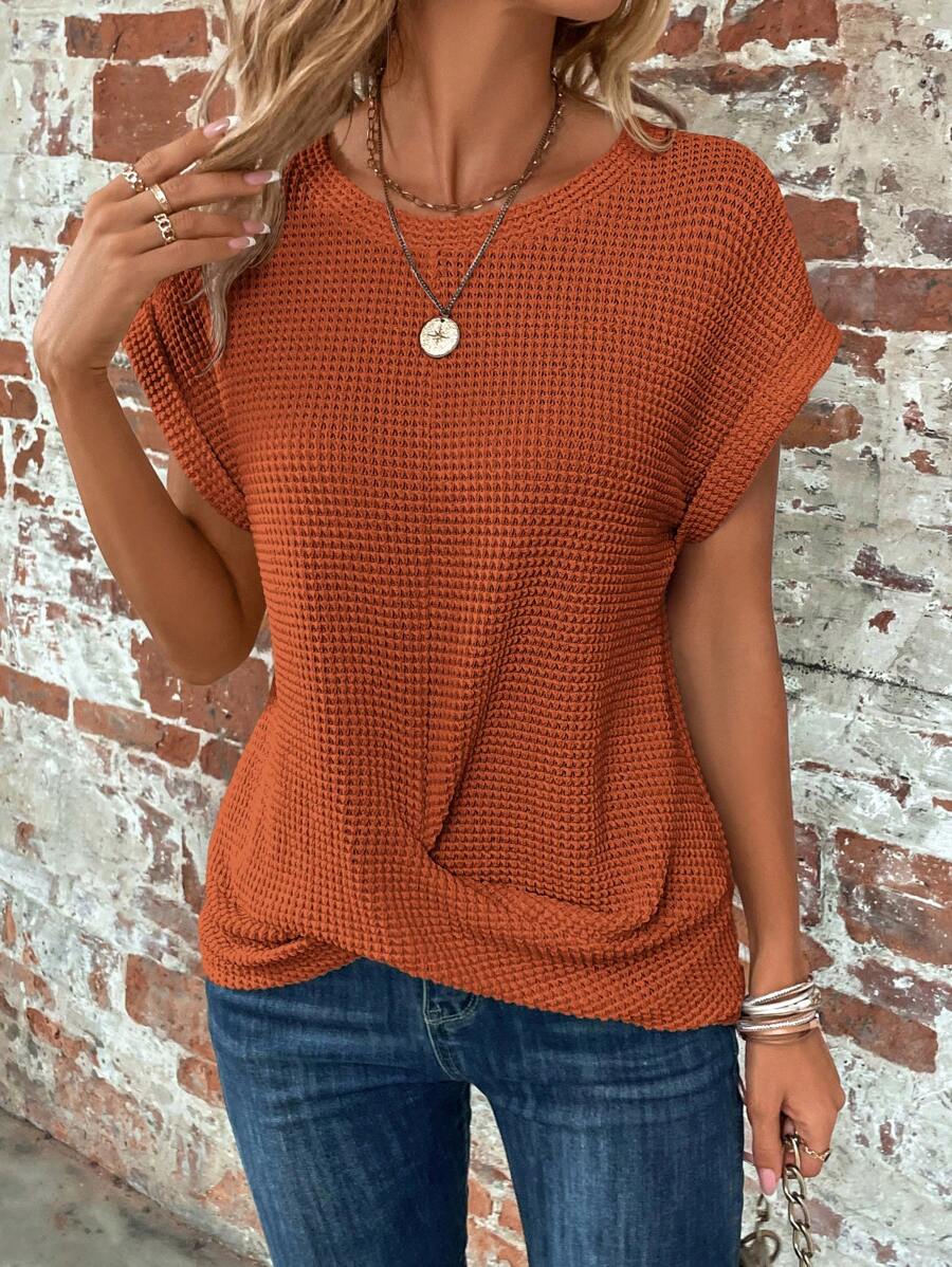 EMERY ROSE Solid Batwing Sleeve Cross Wrap Hem Tee - Brown - View 1