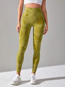 Easithlete 女款迷彩印花宽腰运动紧身裤瑜伽裤 - 軍綠色 - 查看 5