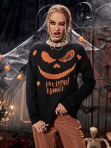 PUNK 万圣节图案落肩针织套头衫秋冬毛衣 - 黑色 - 查看 4
