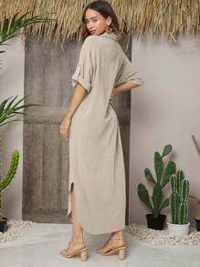 SHEIN LUNE 捲邊袖前紐扣襯衫洋裝 - 杏色 - 查看 2