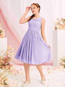 SHEIN 青少年女孩不對稱領褶邊雪紡洋裝 - 淡紫色 - 查看 6