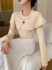 DAZY Solid Ribbed Knit 2 In 1 Tee Long Sleeve Women Tops