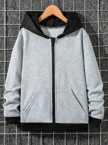 SHEIN Tween Boy Colorblock Kangaroo Pocket Hooded Sweatshirt - Grey - View 1