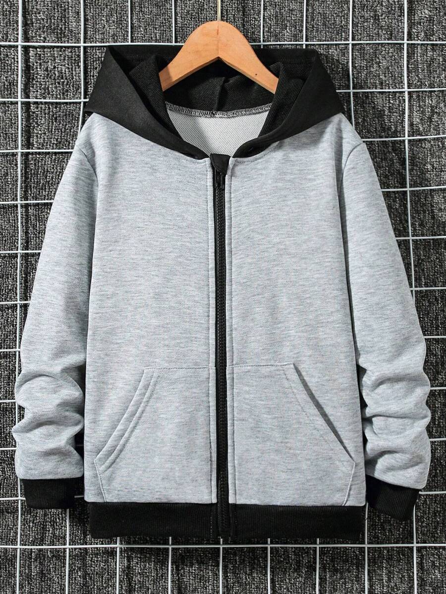 SHEIN Tween Boy Colorblock Kangaroo Pocket Hooded Sweatshirt - Grey - View 1