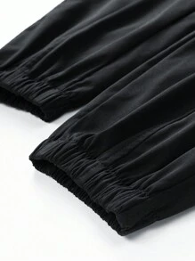 Men Slogan Graphic Flap Pocket Drawstring Waist Cargo Pants - Black - View 3