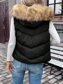 SHEIN Frenchy Fuzzy Trim Hooded Vest Coat Winter Black - Black - View 2