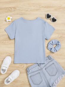 SHEIN Chica adolescente con botón Camiseta & Coletero - Celeste - Ver 2