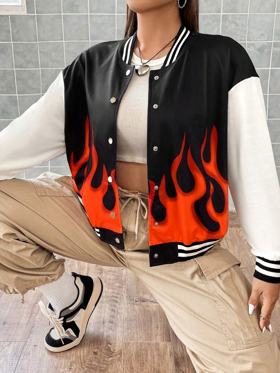 Flirla Plus Fire Print Striped Trim Drop Shoulder Varsity Jacket - Multicolor - View 1