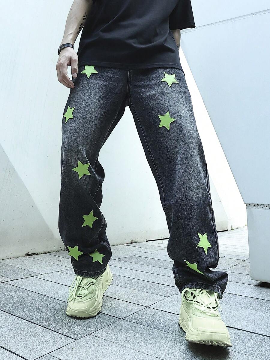Manfinity EMRG Men Star Patched Straight Leg Jeans