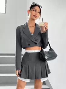 SHEIN EZwear Lapel Neck Crop Blazer & Pleated Skirt - Grey - View 1