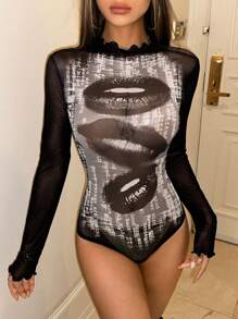 SHEIN ICON 嘴唇印花木耳邊網紗連身背心不附帶內衣褲套裝 - 彩色 - 查看 7