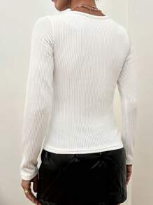 Solid Square Neck Ribbed Knit Tee - White - View 4