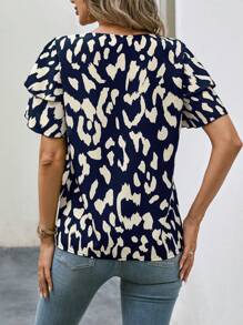 EMERY ROSE Allover Print Butterfly Sleeve Blouse,Short Sleeve Tops - Navy Blue - View 2
