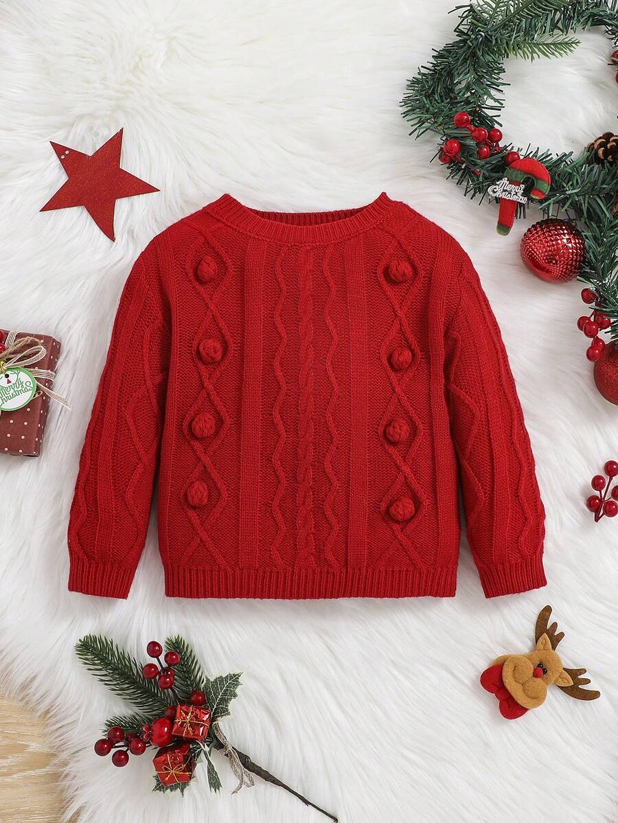 SHEIN Cô gái Em bé Pom Pom Xoắn Dan Áo len - Đỏ - Xem 1