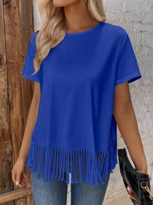 SHEIN LUNE Solid Fringe Hem Tee - Royal Blue - View 1