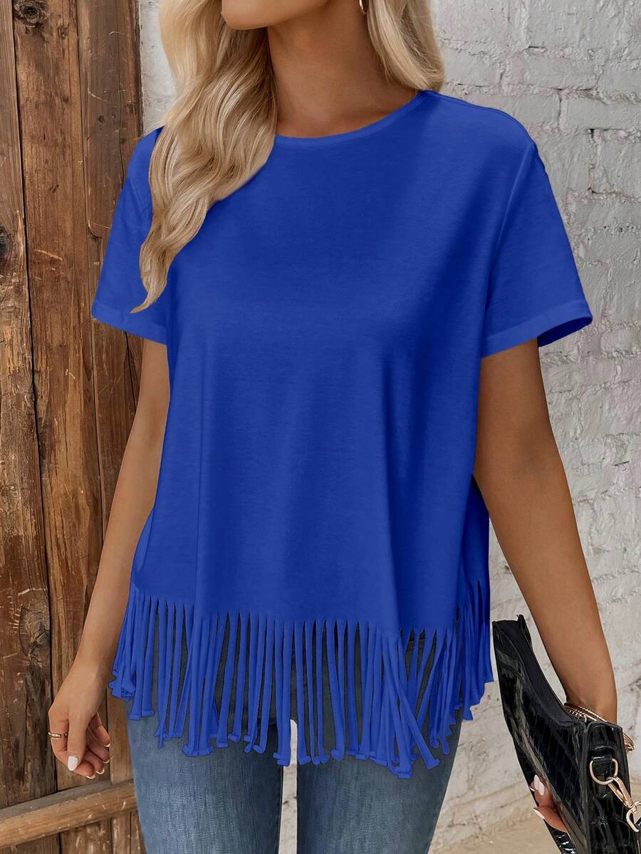 SHEIN LUNE Solid Fringe Hem Tee - Royal Blue - View 1