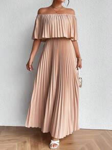 Chiquease Off Shoulder Pleated Dress - Apricot - View 6