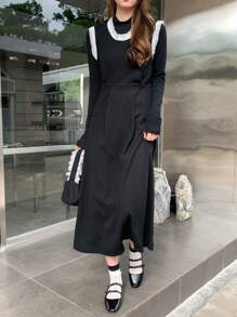 DAZY Contrast Trim Tank Dress - Black - View 2