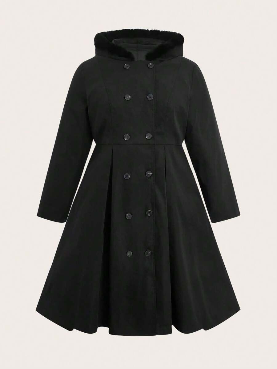 Flirla 大碼雙排釦連帽外套 - 黑色 - 查看 1