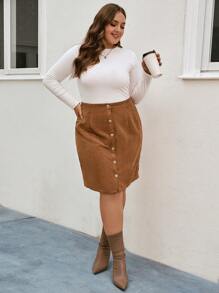 SHEIN LUNE 大碼前紐扣燈芯絨直筒半身裙 - 棕色 - 查看 4