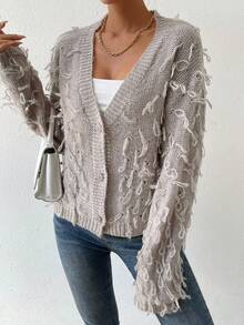 SHEIN LUNE Fringe Trim Drop Shoulder Duster Cardigan - Khaki - View 5