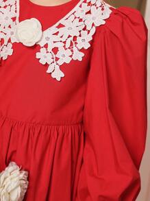 SHEIN 女大童凸花蕾絲貼花喇叭袖洋裝 - 紅色 - 查看 7