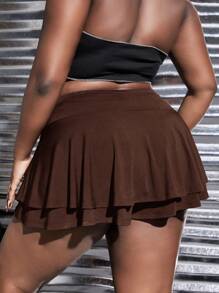 Slaydiva Plus High Waist Ruffle Hem Skort - Chocolate Brown - View 2