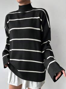 EURMUSE Áo len cổ đứng kẻ sọc nhiều màu sắc thường ngày dành cho nữ, Thu/Đông - màu đen - Xem 3