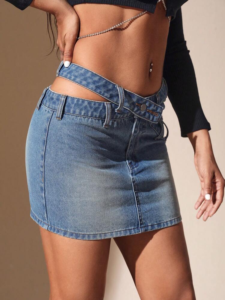 SHEIN BAE Falda en mezclilla de cintura con abertura ajustado - Azul - Añade 4