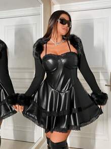 SHEIN ICON Plus Contrast Lace Patent Cami Dress Without Arm Sleeves - Black - View 1