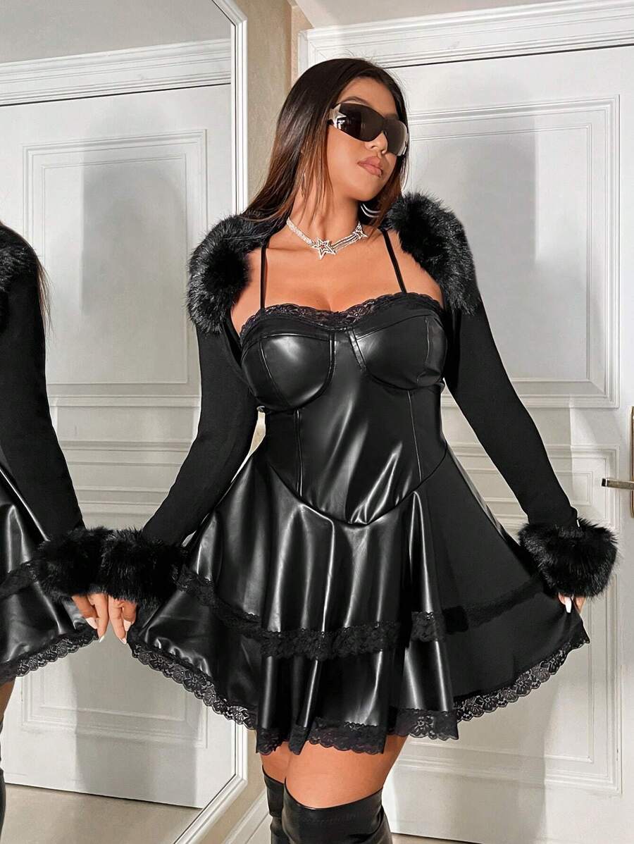 SHEIN ICON Plus Contrast Lace Patent Cami Dress Without Arm Sleeves - Black - View 1