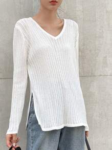 DAZY Solid V Neck Ribbed Knit Sweater Fall - White - View 5