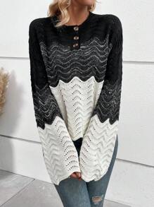 SHEIN LUNE Color Block Drop Shoulder Pointelle Knit Half Button Knit Pullover Fall Winter Sweater - Multicolor - View 3