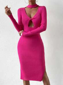 Chiquease Cut Out Front Split Thigh Sweater Dress - Hot Pink - View 5
