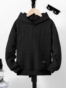 SHEIN Tween Boy Letter Patched Hooded Sweatshirt - Black - View 1