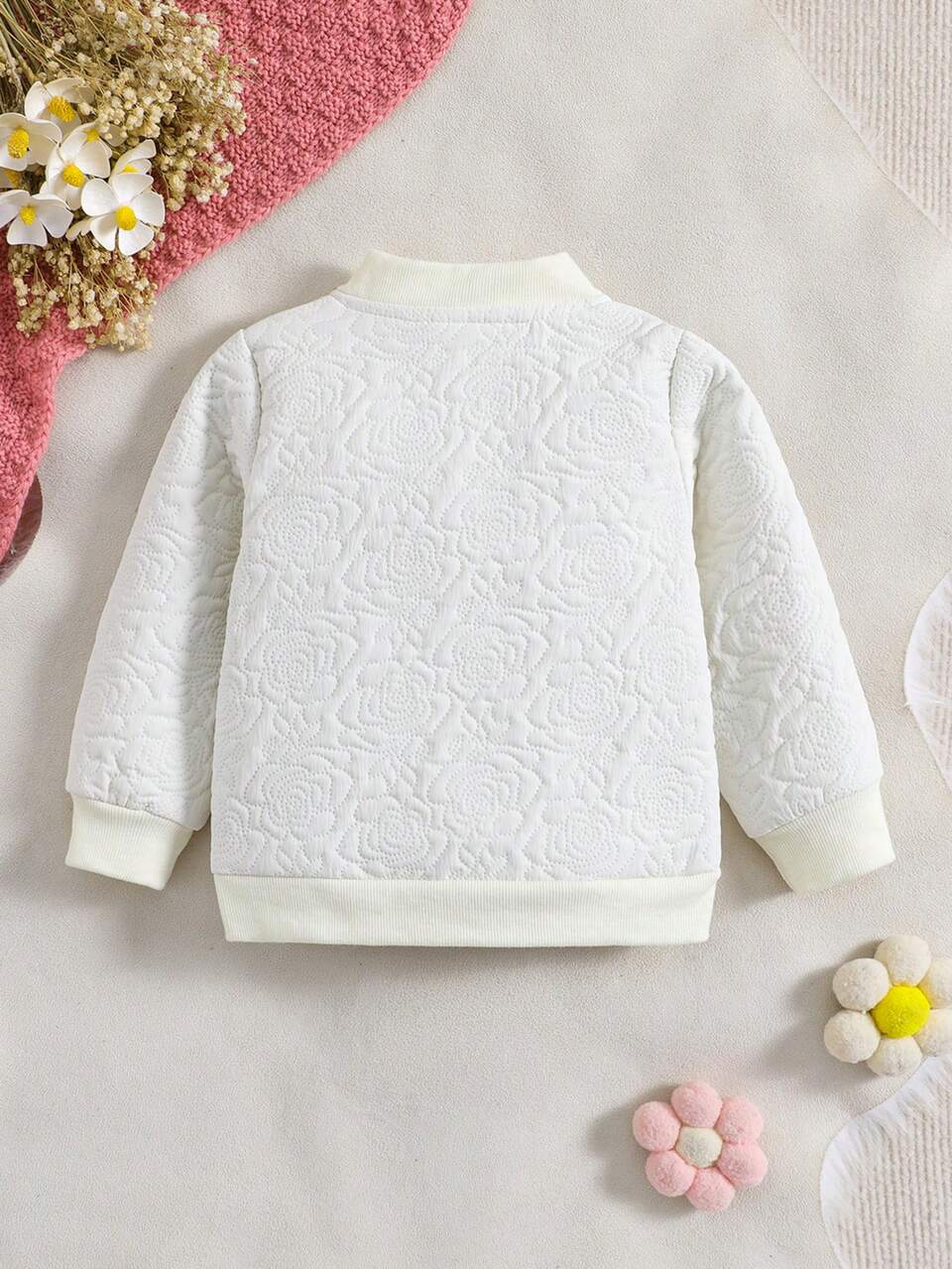 Baby Girl Floral Embroidery Appliques Button Front Bomber Jacket Autumn Fall