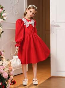 SHEIN 女大童凸花蕾絲貼花喇叭袖洋裝 - 紅色 - 查看 5