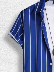 Manfinity Homme 男士条纹印花图案彩色休闲短袖衬衫不含 T 恤，可作为男朋友的礼物男士条纹衬衫皇家蓝色衬衫男士 - 藍色 - 查看 4