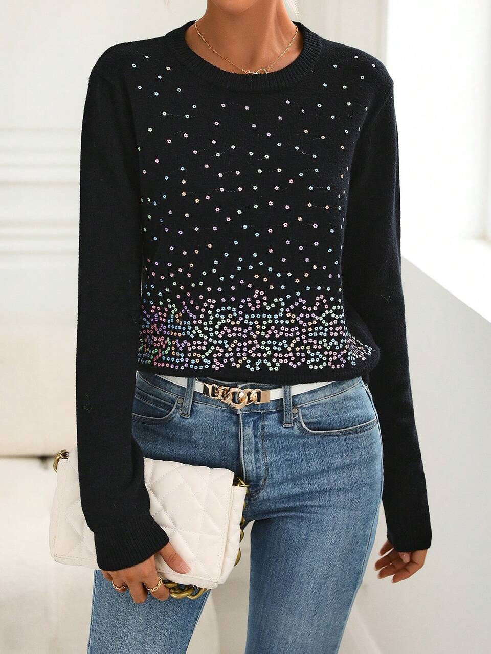 Ditsy Floral Pattern Knit Pullover Fall Winter Sweater