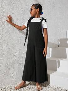 SHEIN 女大童1入組雙口袋肩上打結闊腿背帶褲 - 黑色 - 查看 5