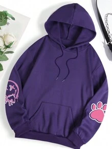 INAWLY Rabbit & Letter Graphic Kangaroo Pocket Drawstring Thermal Hoodie,Long Sleeve Tops - Purple - View 2