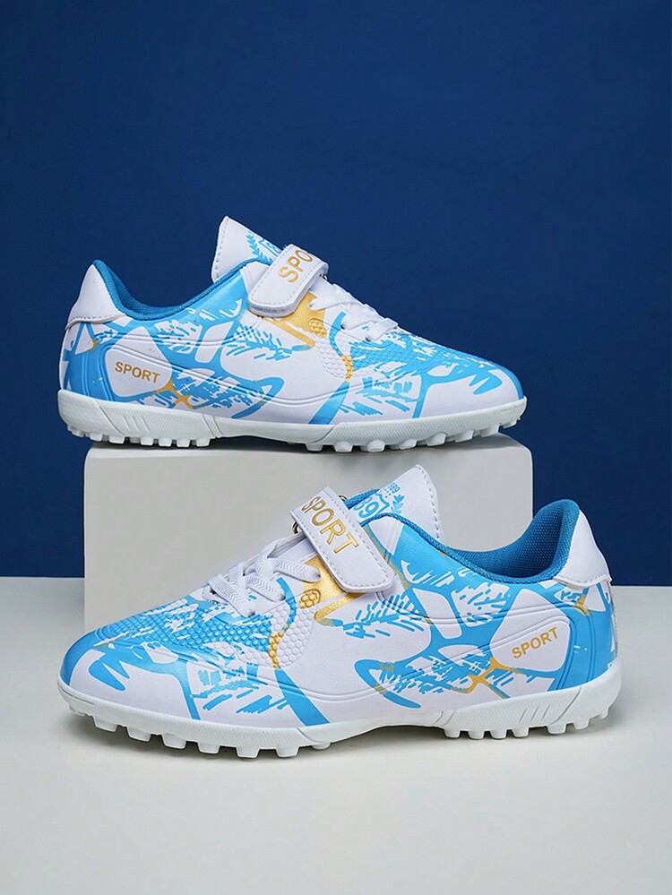 Zapatos De Fútbol Para Niños, Zapatos De Fútbol Para Césped Artificial, Cierres De Gancho Y Bucle, Tapones Antideslizantes, Tapones Largos, Zapatos De Fútbol Para Estudiantes - Celeste - Añade 7