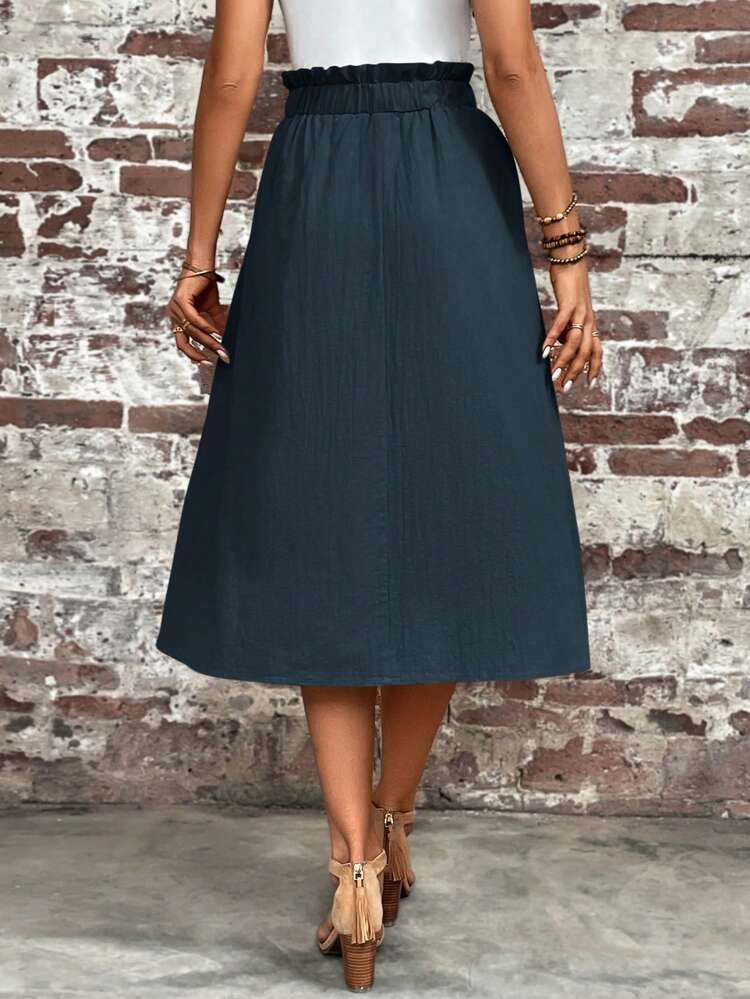 Paperbag Waist Hidden Pocket Button Detail Skirt,Casual