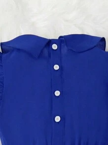 SHEIN 年轻女孩休闲基本款优雅学院风连体裤，克莱因蓝色，带荷叶边袖、荷叶边领、腰带，适合夏季、秋季、度假和日常外出、假日、夏季、旅行 - 寶藍色 - 查看 6