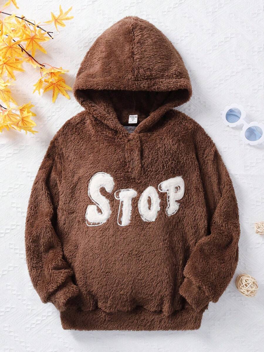 SHEIN Tween Girl Letter Embroidery Teddy Hoodie