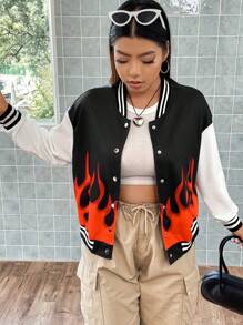 Flirla Plus Fire Print Striped Trim Drop Shoulder Varsity Jacket - Multicolor - View 6