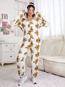 SHEIN EZwear Họa tiết gấu Thiết kế tai 3D áo có mũ Dây kéo mặt trước Flannel Áo liền quần - Nhiều màu - Xem 7