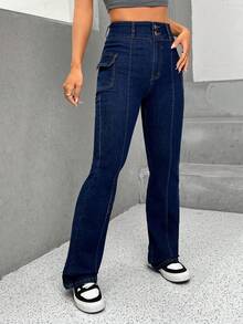 SHEIN EZwear Túi có nắp Quần ống loe - Rửa tối - Xem 4