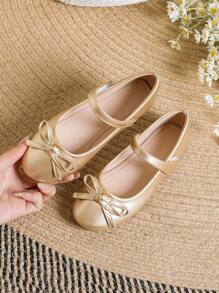 新風格女孩柔軟的舒服的鞋底表現鞋帶蝴蝶結適用於大兒童,時尚平底鞋適用於服飾和學校在秋天和冬天 - 金色 - 查看 2